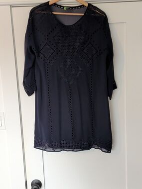 Club Monaco Navy Blue Embroidered Silk Eyelet Tunic Dress - Size 0